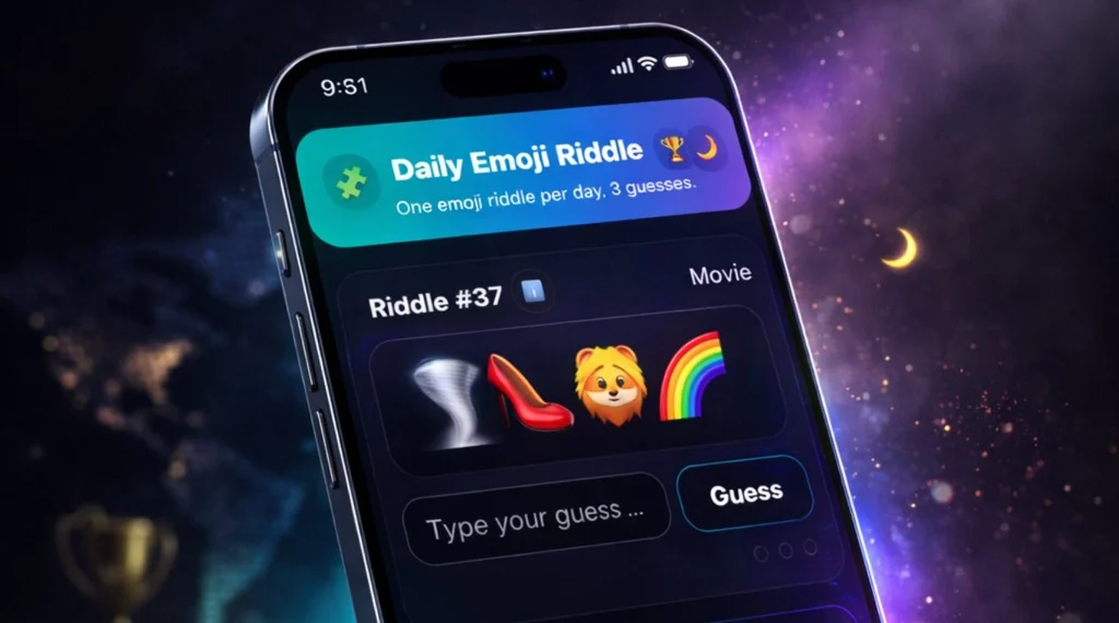 Daily Emoji Riddle smartphone hero crop focused on the game interface and emoji stage.