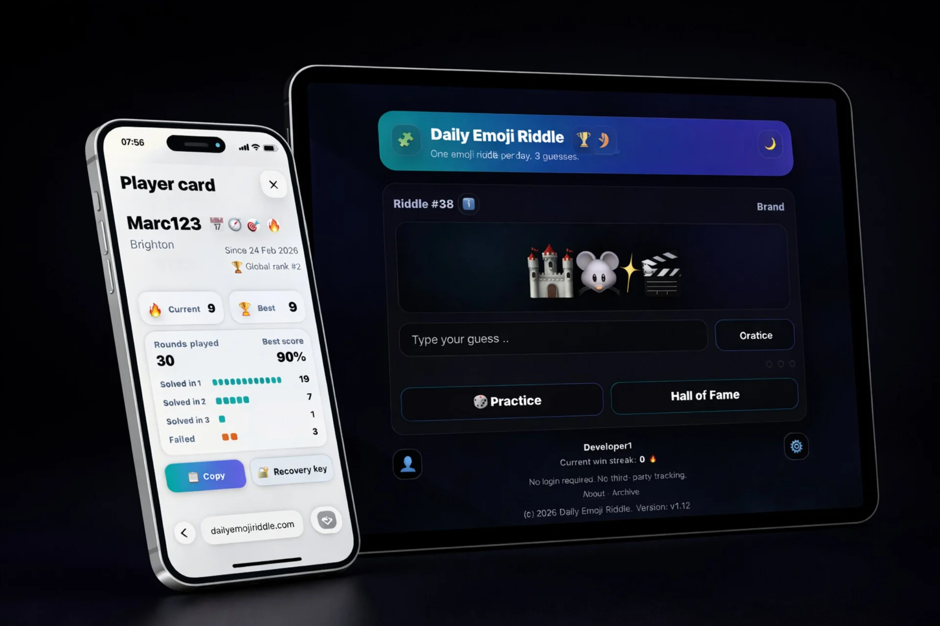 Daily Emoji Riddle shown across tablet and smartphone screens in a premium multi-device render.