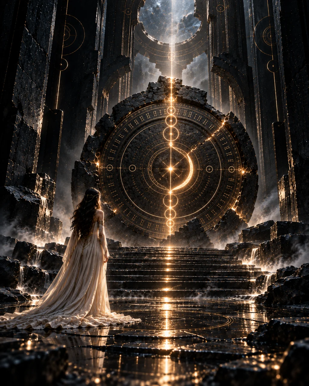 A woman in a vast dark stone chamber facing a partially awakened circular Codex traced with gold light.