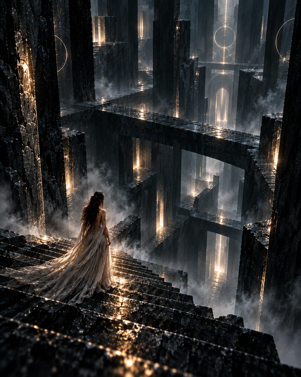 A woman descending through impossible black-stone stairways and shifting labyrinth passages lit by distant gold.