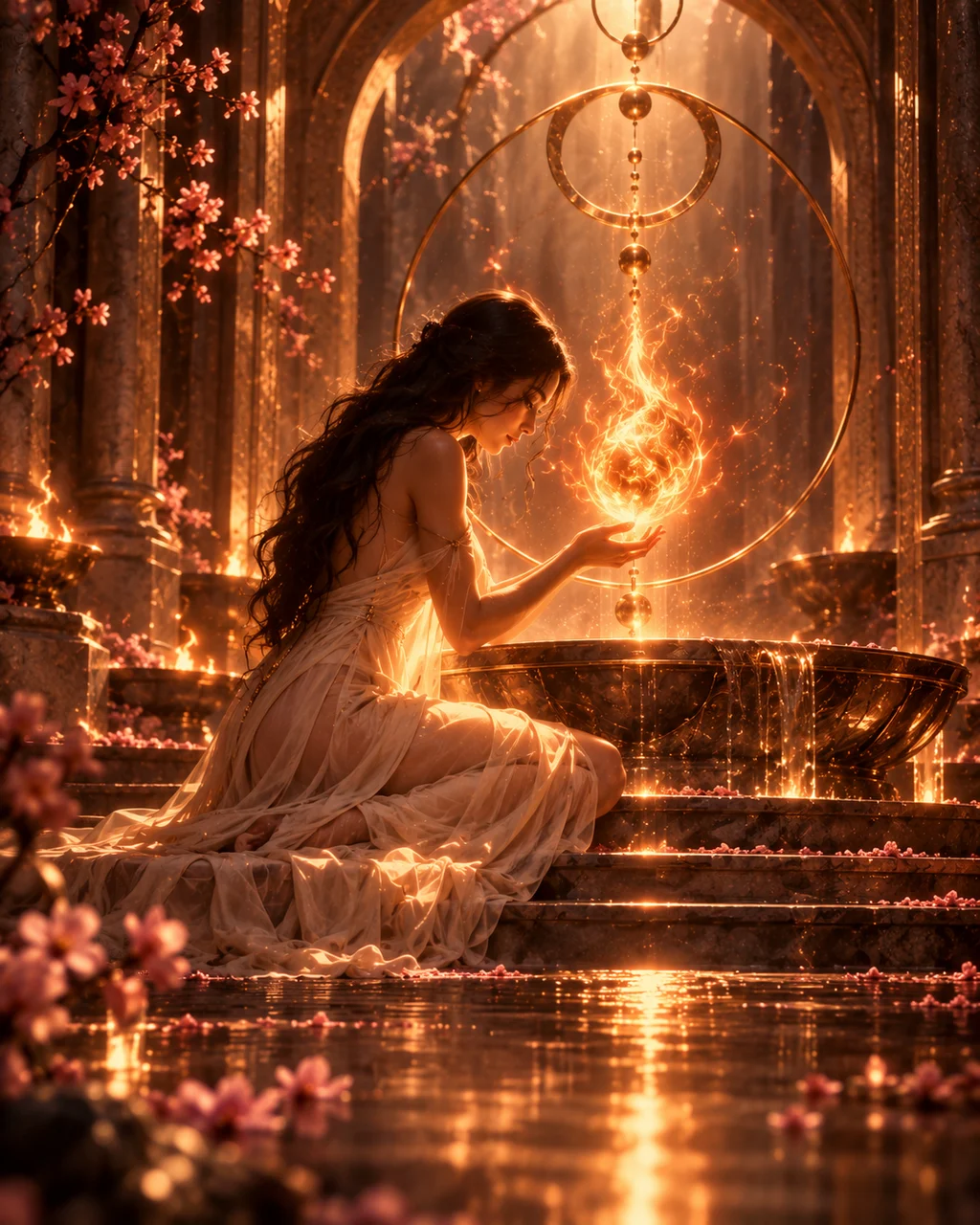 A woman seated in a warm sacred chamber holding her hand toward a small living ember suspended in golden geometry.