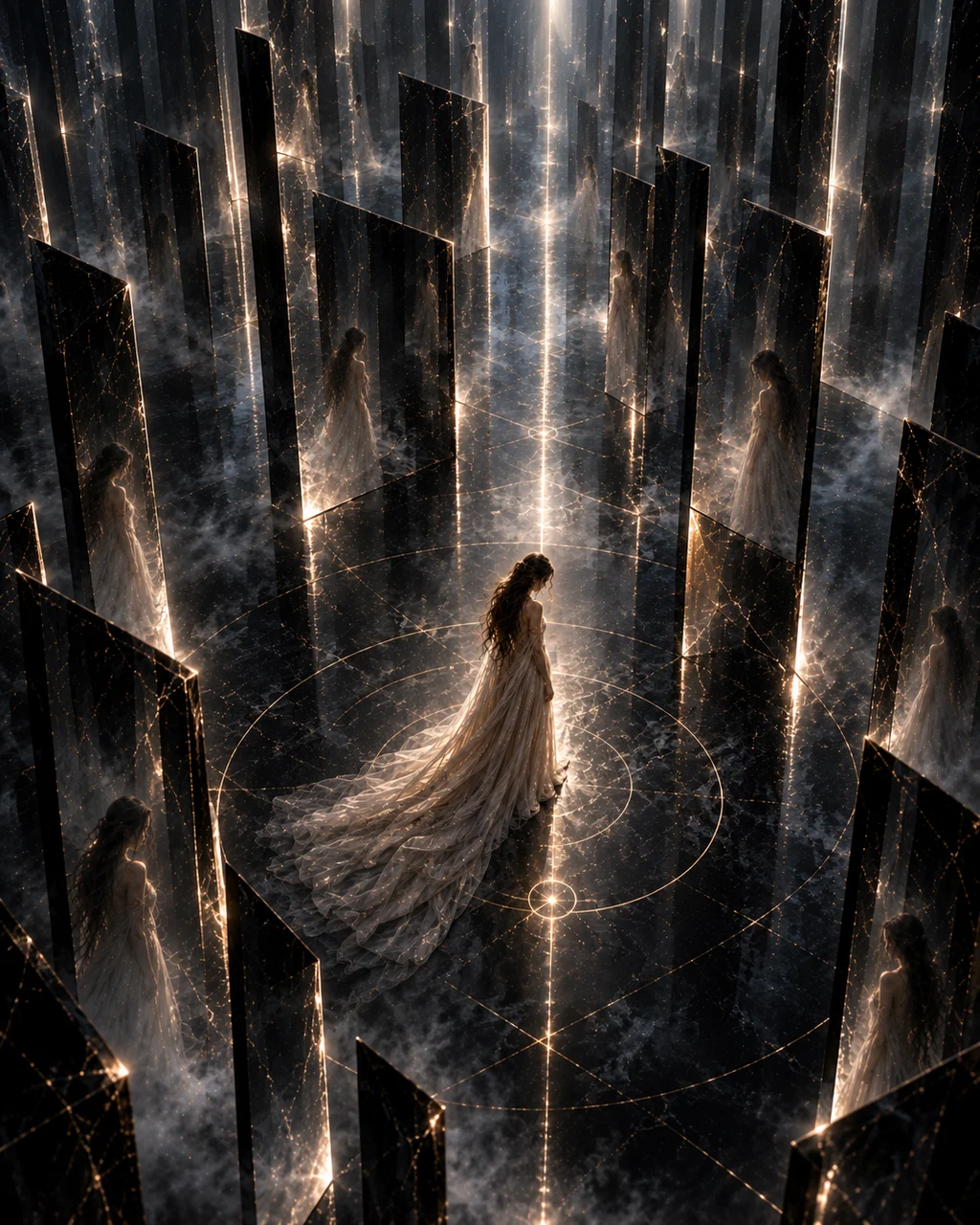 A woman surrounded by layered reflections of herself in a dark chamber of memory, stone and spectral light.