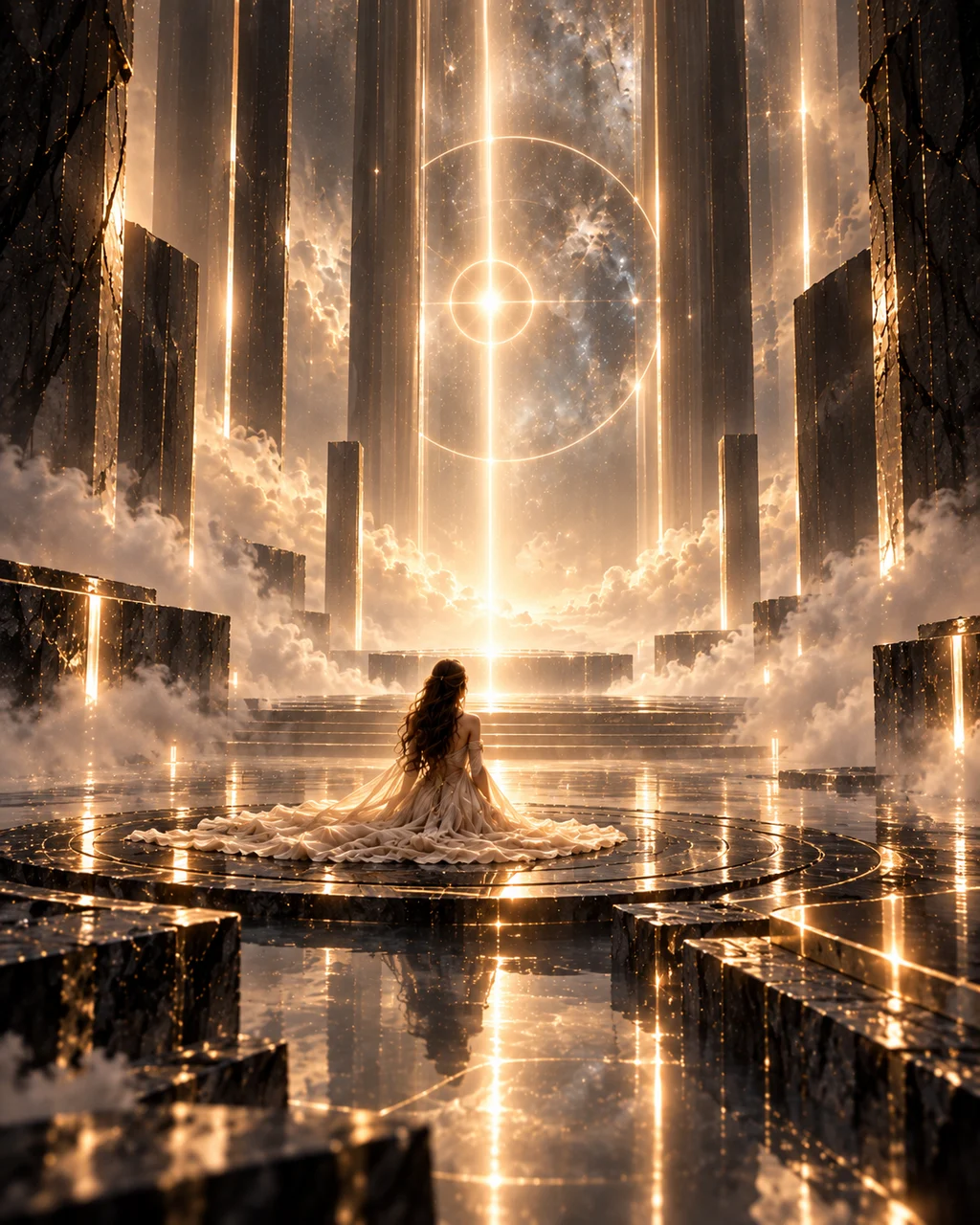 A woman resting in luminous white-gold stillness within a vast sacred sanctuary.