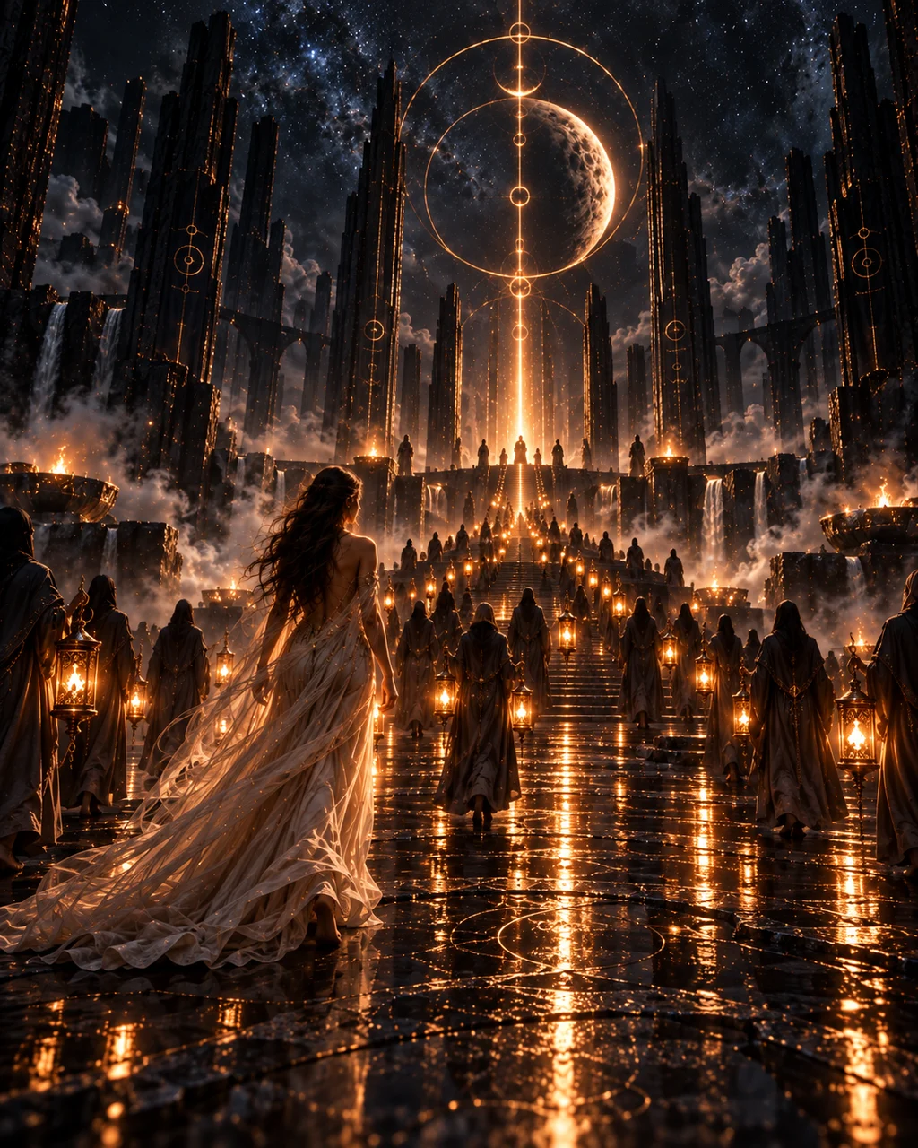 A woman joining a torch-lit nocturnal procession moving through monumental sacred architecture.