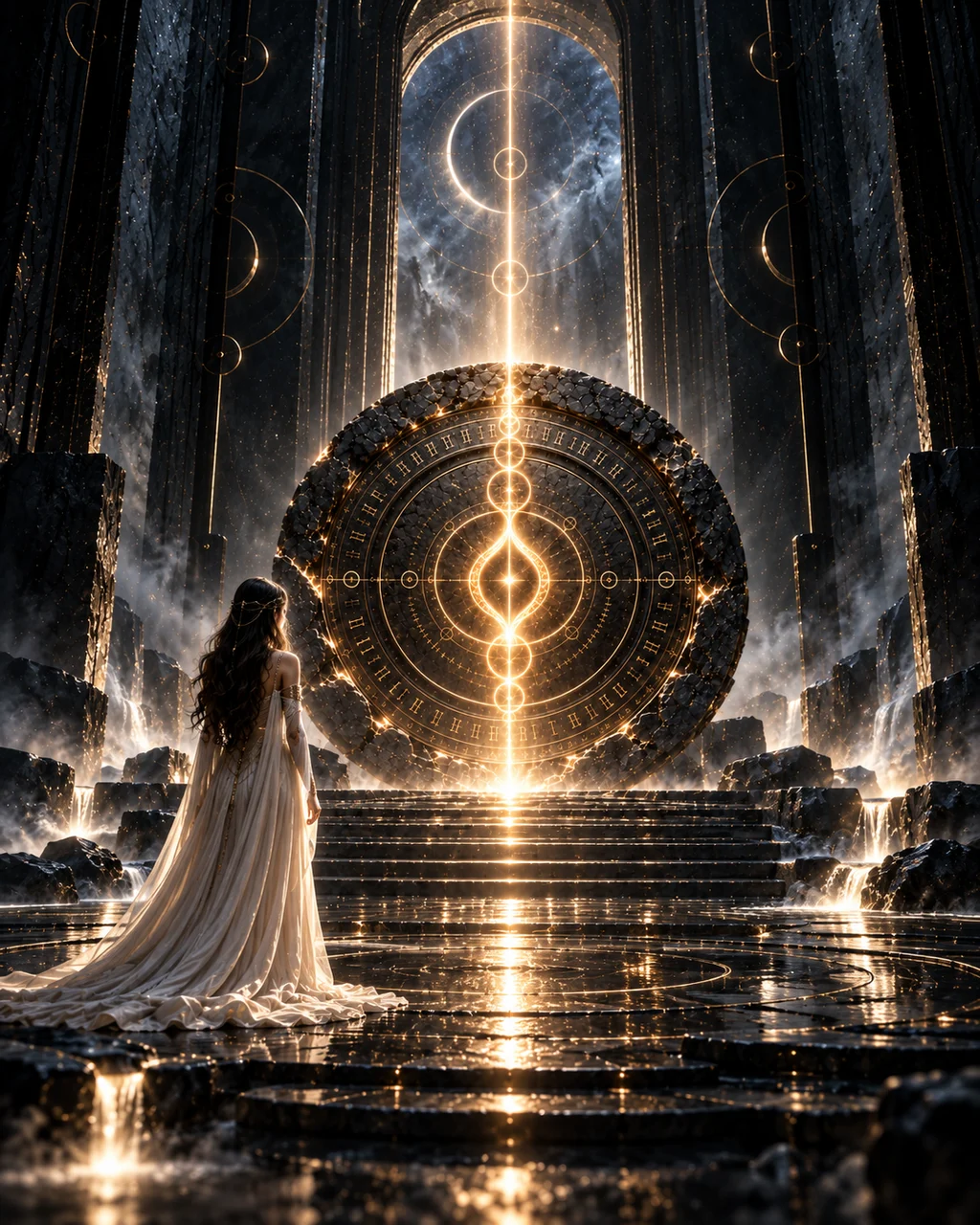 A woman before a monumental illuminated seal where gold geometry converges across black stone.