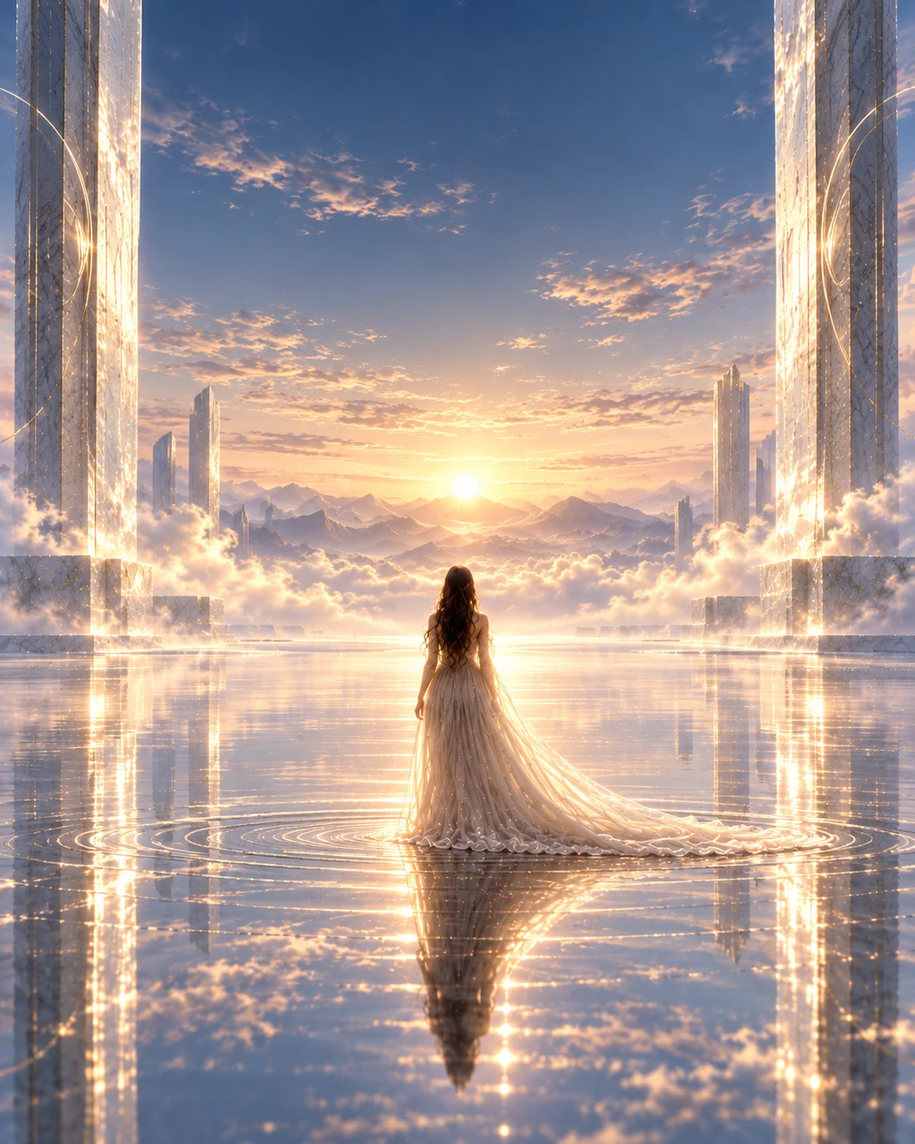 A woman standing beside still water at pale blue and gold dawn after the ritual journey.
