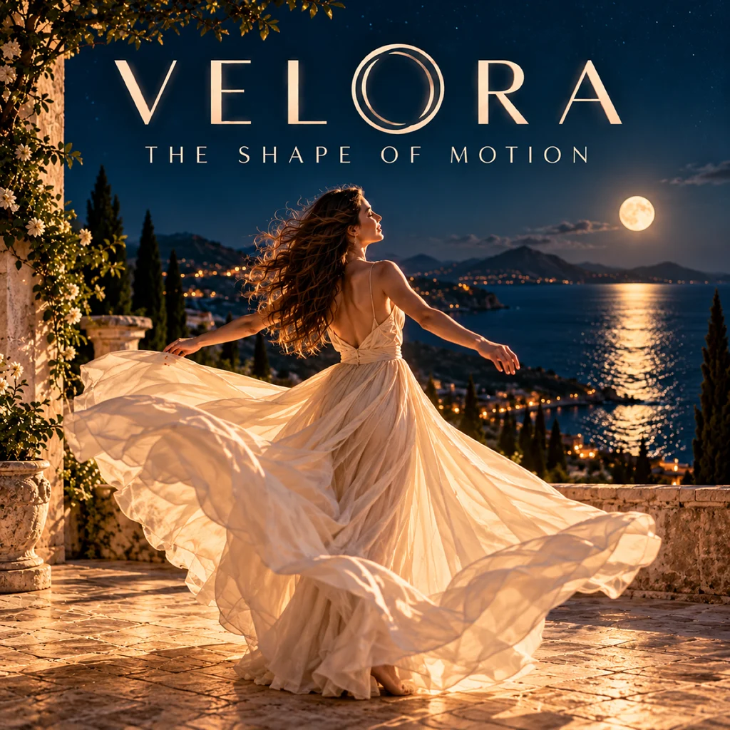 VELORA The Shape of Motion album cover, a dancing woman overlooking a moonlit sea.