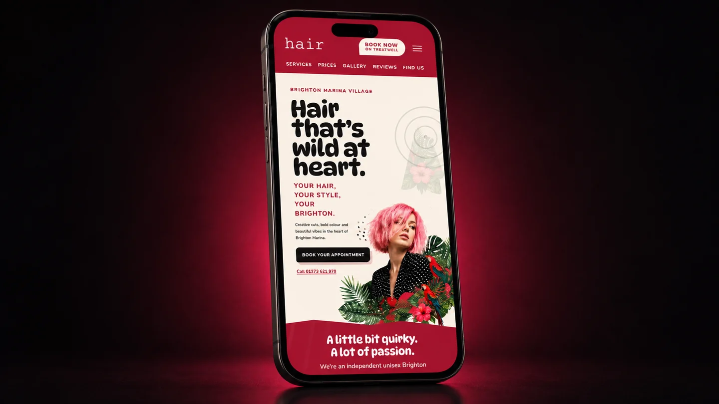 Hair Brighton mobile-first website artwork showing the responsive homepage and booking CTA on a smartphone.