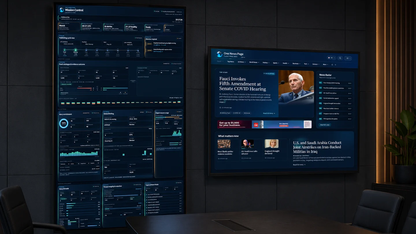 One News Page Mission Control displayed on a laptop, showing publishing pipeline health, thumbnails, AI enrichment, source health, and integrity diagnostics.