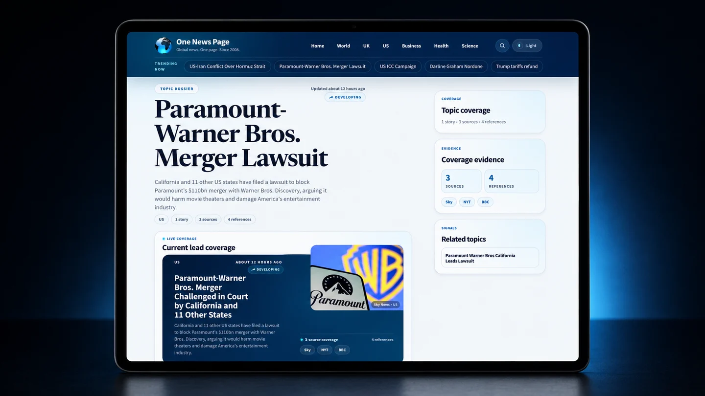 One News Page topic dossier displayed on a tablet, showing current lead coverage, source evidence, and related topic signals.
