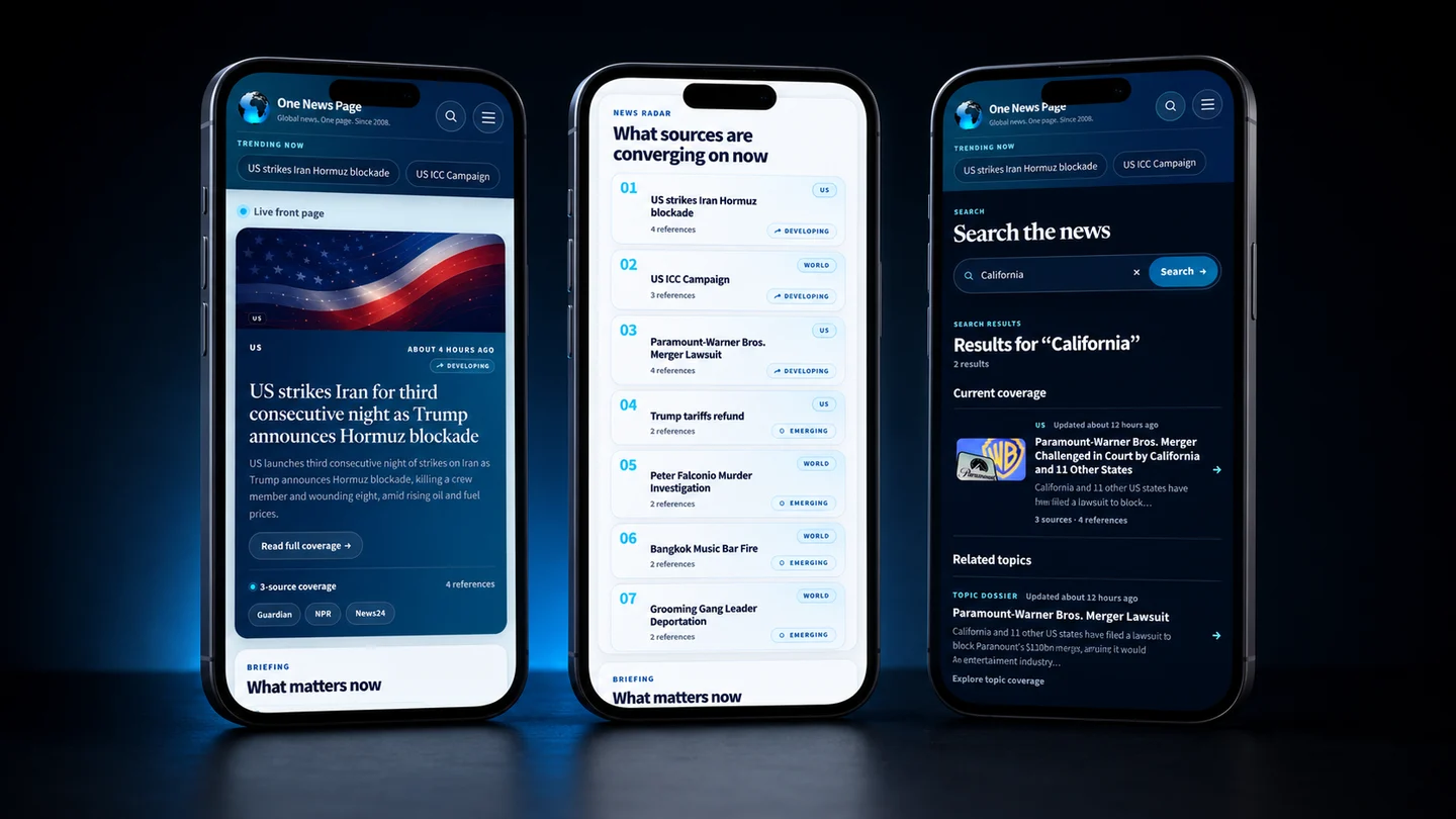Three smartphones displaying the One News Page live front page, News Radar, and search experience.