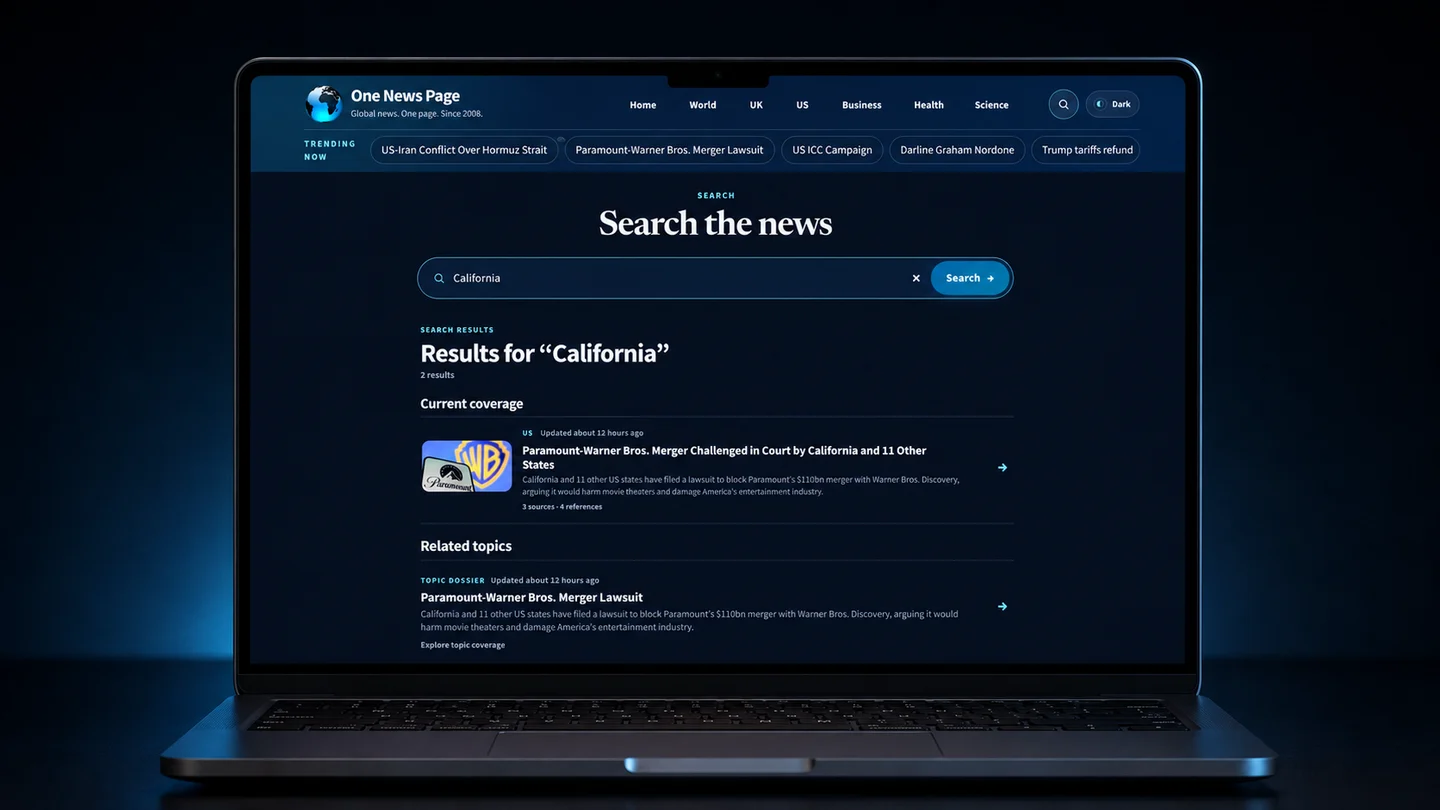 One News Page search results displayed on a laptop, showing a California query with current coverage and a related topic dossier.