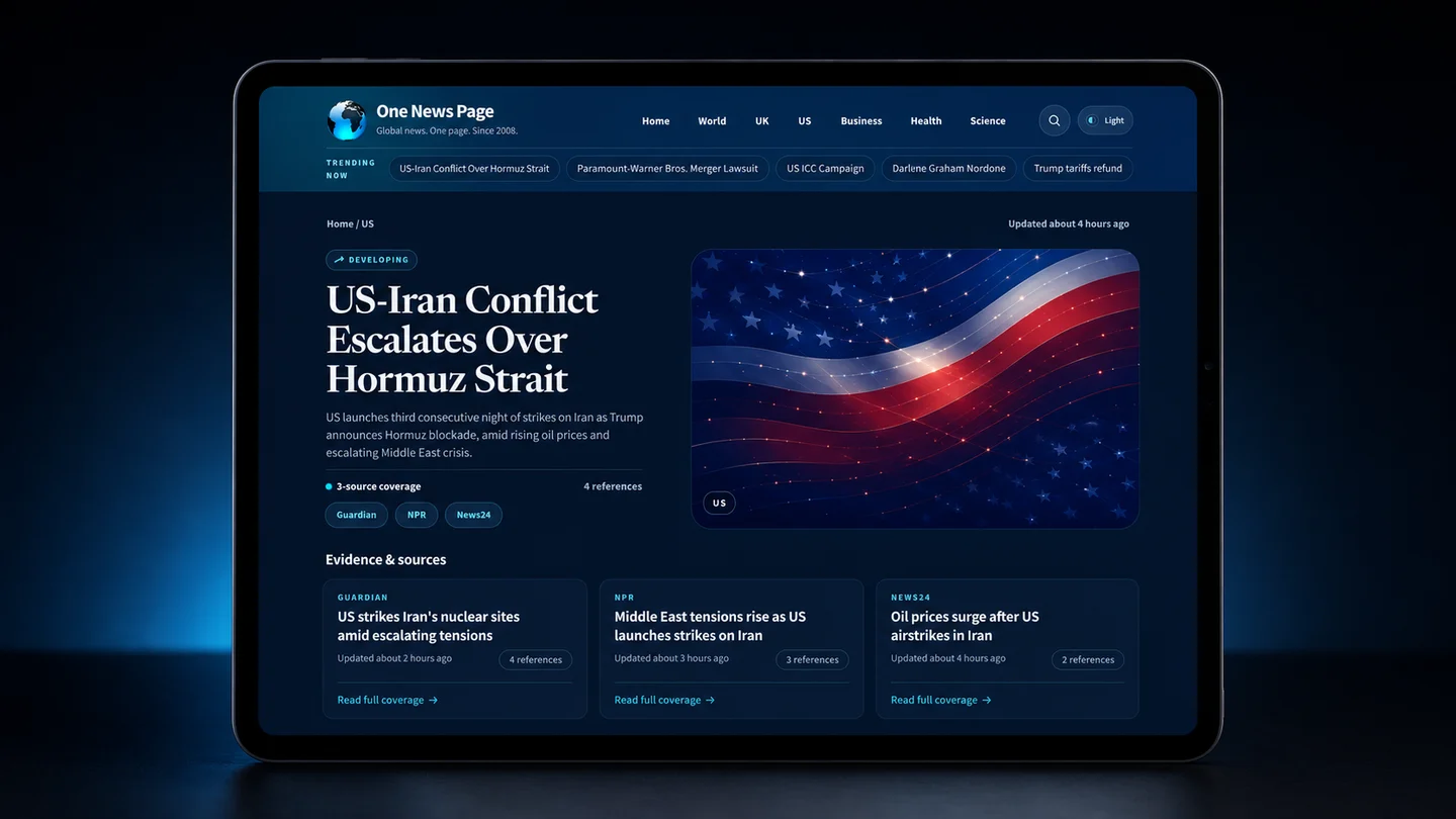 One News Page persistent story page displayed on a tablet, showing the headline, source coverage, publisher attribution, and evidence cards.
