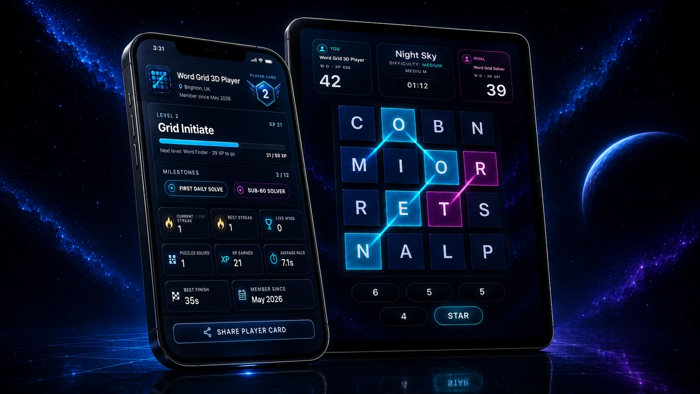 Poster-style Word Grid 3D multi-device artwork showing player progression on a smartphone and live duel gameplay on a tablet.