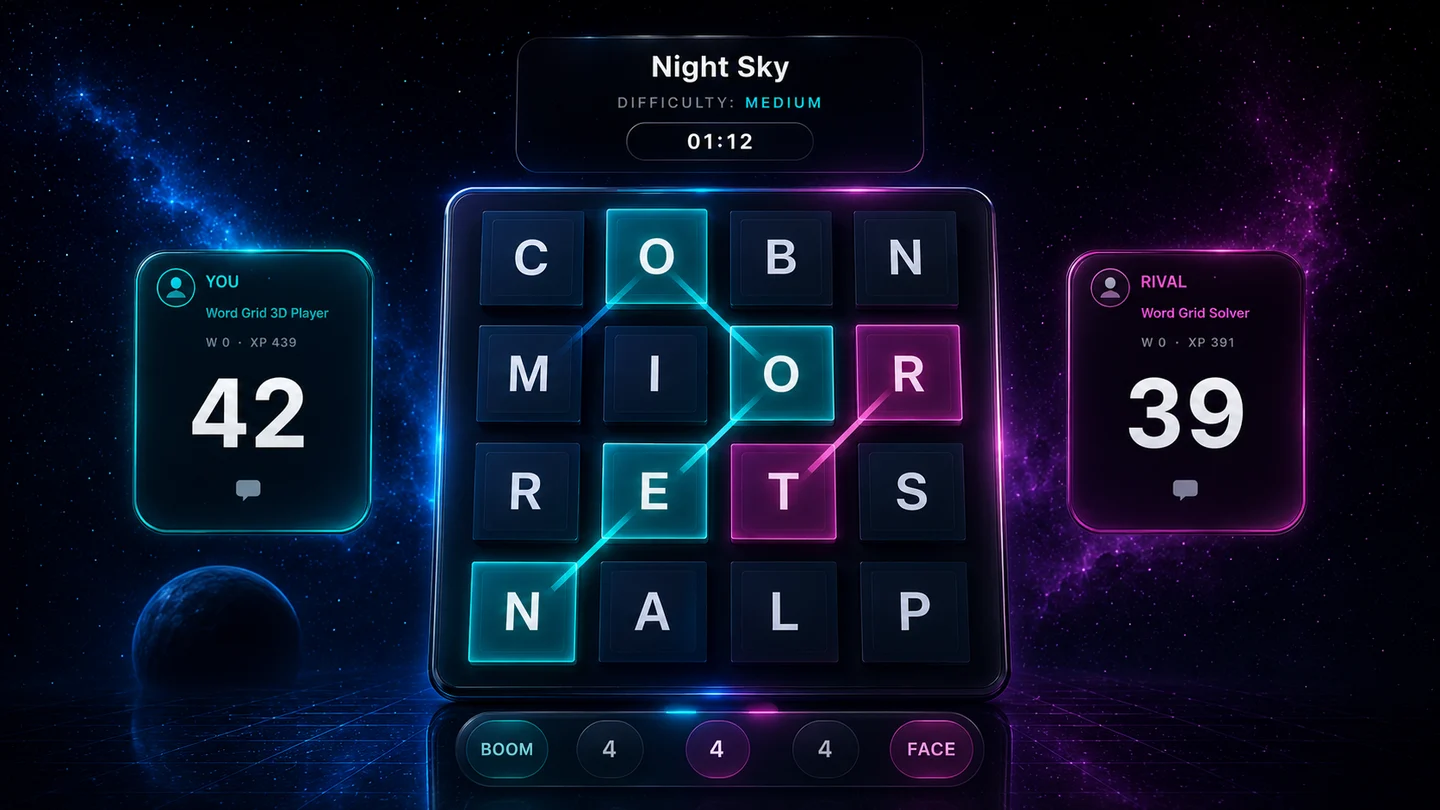 Poster-style Word Grid 3D live online duel artwork showing cyan and magenta player scores, competing traces, and the shared puzzle board.