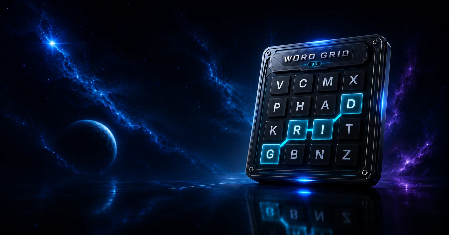 Poster-style Word Grid 3D hero artwork showing the illuminated 3D word grid slate in a cinematic deep-space setting.