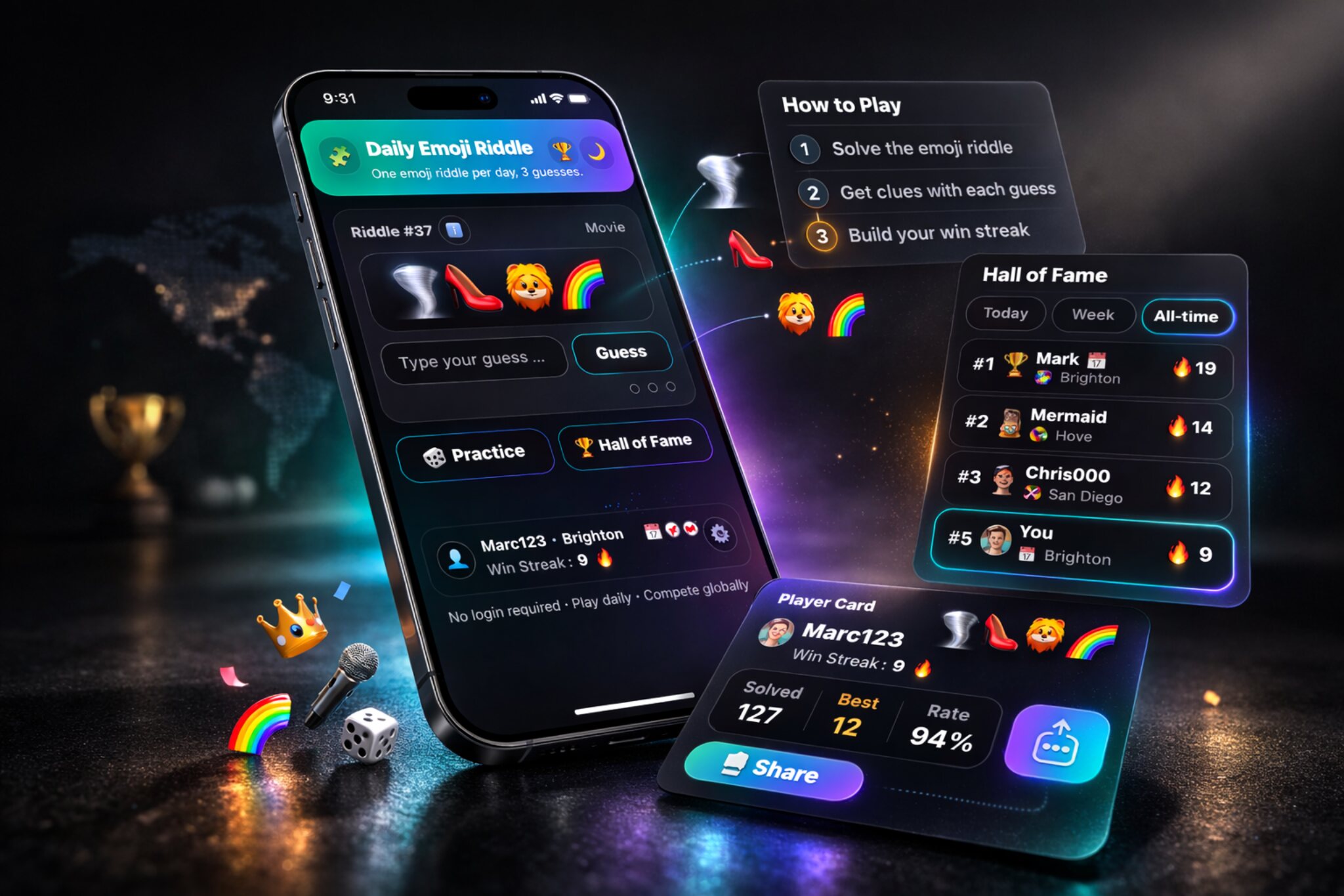 Daily Emoji Riddle visual collage showing gameplay, help flow, Hall of Fame, and sharing moments.