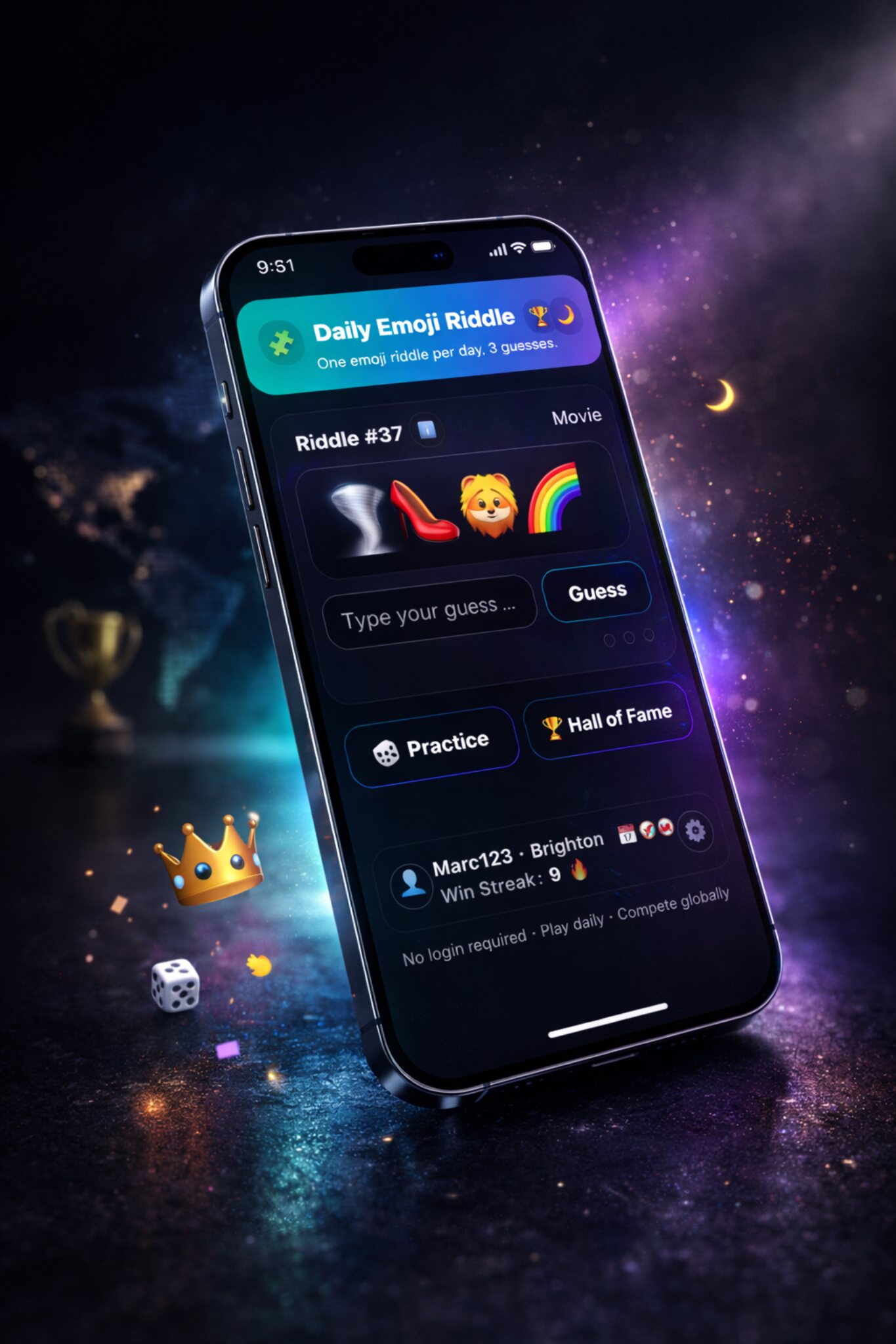 Daily Emoji Riddle presented on a dramatic smartphone hero mockup.